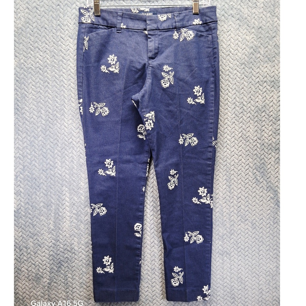 Old Navy Pixie Mid-Rise Ankle Pants Blue Floral Chambray Print Size 6 Summer